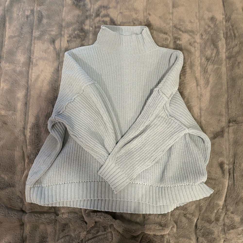 Light Blue Ribbed Knit Mock Turtleneck Sweater